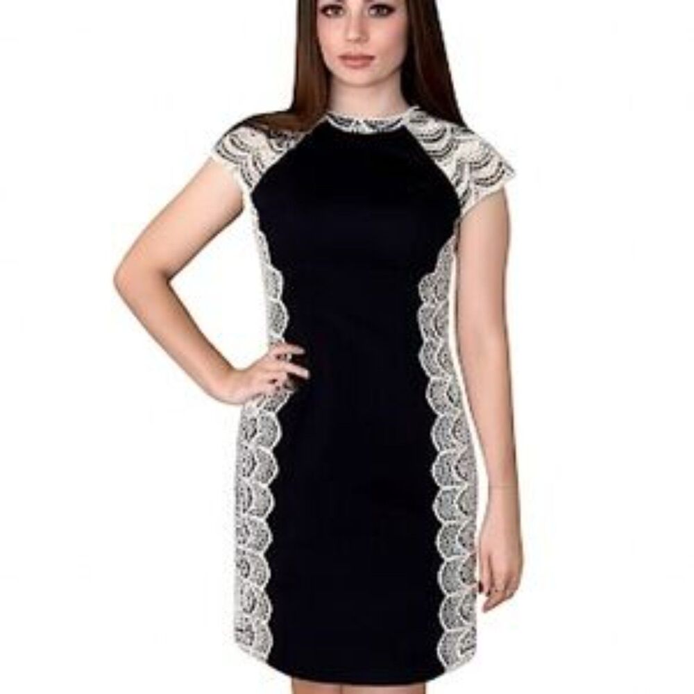 Kensie Black Stretch Short Sleeve Sheath Dress Cream Crochet Lace Detail Size M